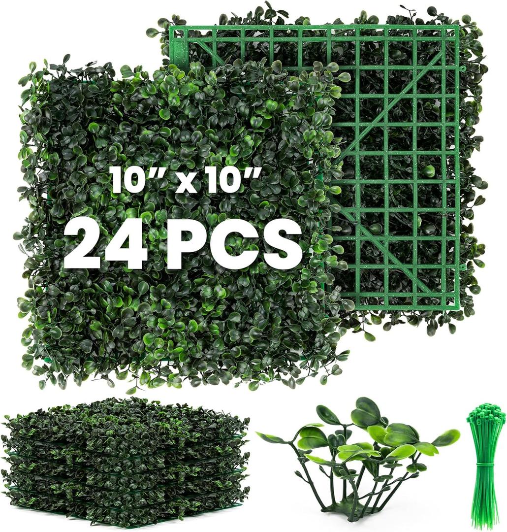 Grass Wall 24 Pack 10"x10" Artificial Boxwood Hedge Wall Panels, Privacy Hedge Screen Faux Boxwood for Outdoor,Indoor,Garden,Fence,Backyard,Greenery Walls