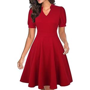 Mokayee Womens Summer Short Puff Sleeve Casual Semi-Formal Fit and Flare Church Wedding Guest Work Dresses with Pockets, Small