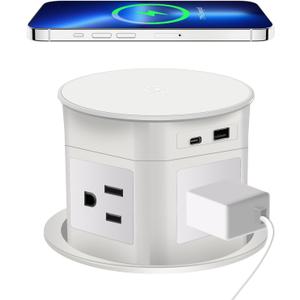 Pop Up Outlet 15W Wireless Charger,with 4 Outlets 1875W USB-C PD20W Super Charging 6.5FT 16AWG Cable 3.86 inch Desk Hole Pop Up Power Outlet for Kitchen Countertop,Office Conference Table (White)