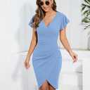 Machico 2026 Women's Sexy V Neck Ruffle Sleeve Faux Wrap Ruched Bodycon Sheath Cocktail Party Work Dress (Blue, M)