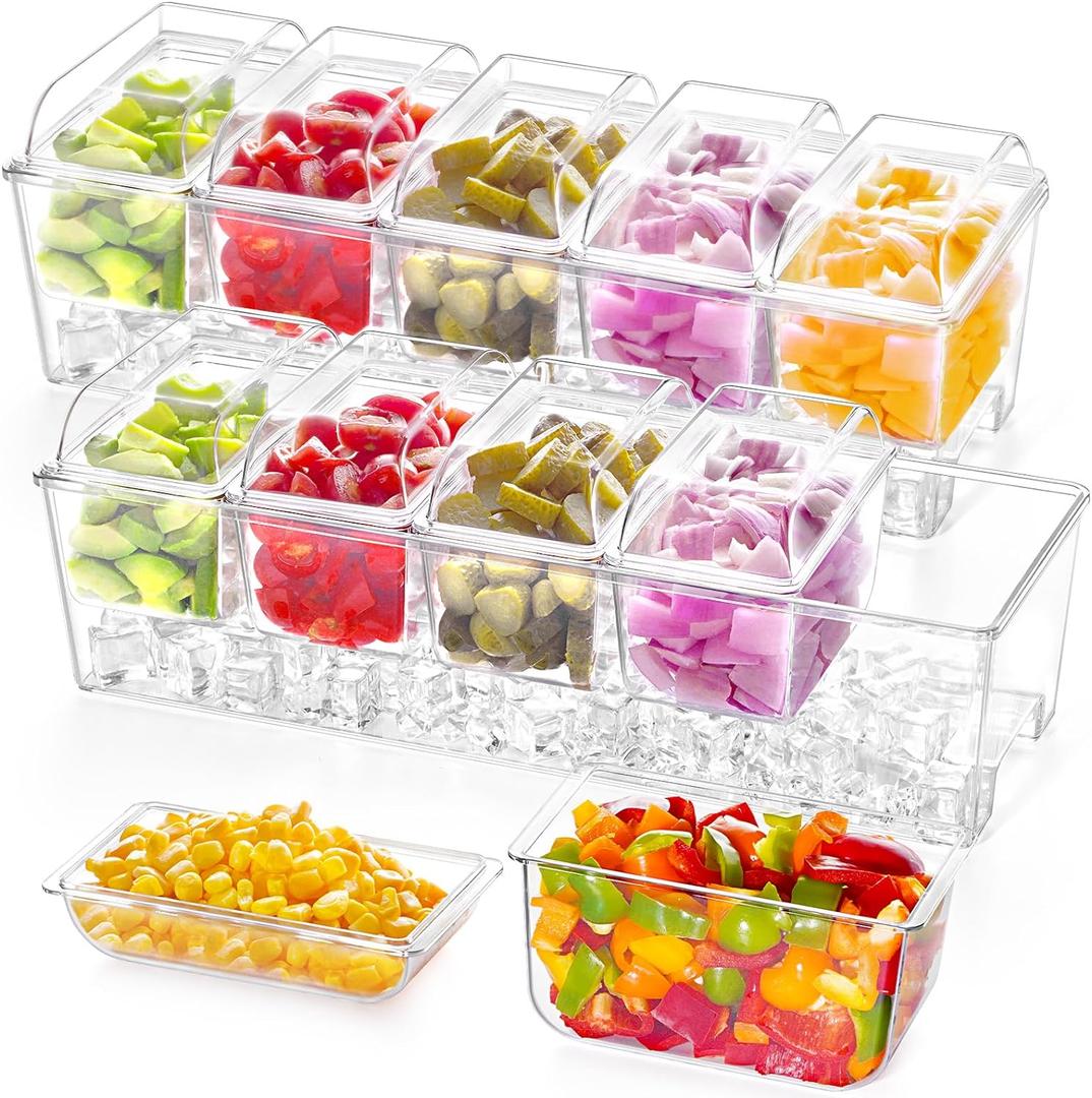 Lifewit 2 Pcs Ice Chilled Condiment Caddy with 5x20 oz Containers, Condiment Server with Separate Lid, Serving Tray Platter with Removable Dishes for Bar Fruit Salad Taco Party Garnish, 39 x13cm/15x5