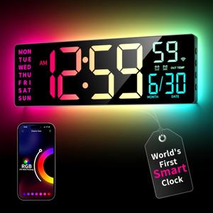 EASYERA Smart Digital Wall Clock with App Control, 16.5 Large RGBIC Wall Clock with Multiple DIY Color and Music Sync, LED Display, Auto DST, Plug-in Clocks for Classroom Home Gym Gaming