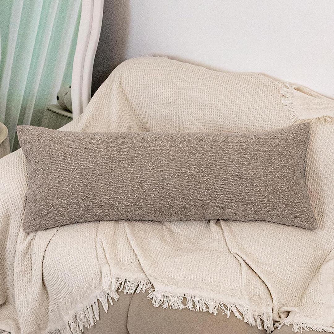 14x36 Neutral Textured Boucle Throw Pillow Cover, Khaki Lumbar Pillow Cover Cozy Soft Cushion Case for Couch Sofa Bed Living Room Home Decor, Pack of 1 (Cover Only)