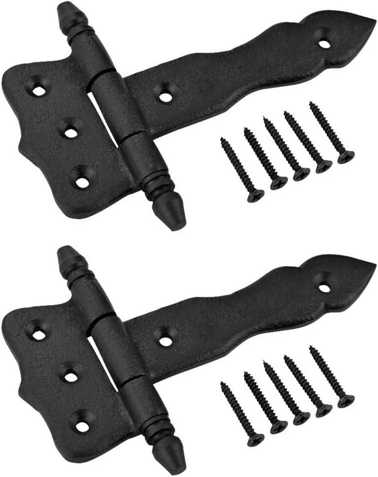 Renovators Supply Manufacturing Shed Door Hinge 5 in. Black Wrought Iron Antique Style Decorative Flush Mount Cast Iron Barn Door Shed Hinge with Mounting Hardware Pack of 2