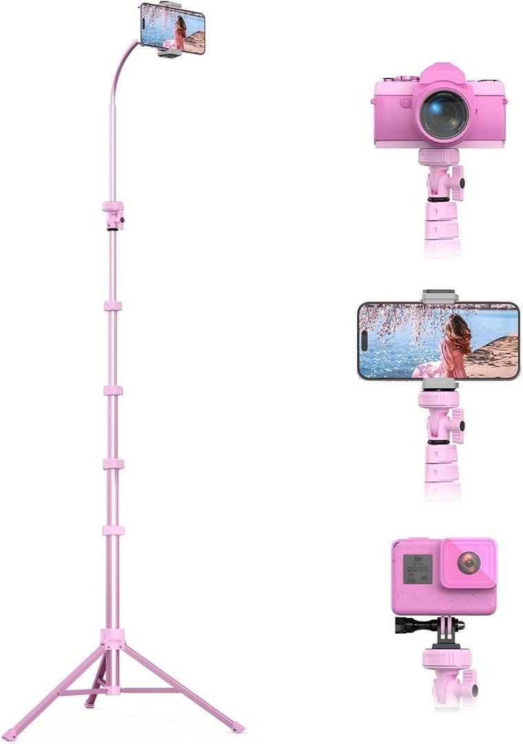 UBeesize 88 Flexible Phone Tripod with 14.95 Gooseneck, Remote and Phone Holder, Overhead Cell Phone StandSelfie Stick for Video Recording, Compatible with iPhone Android Phone, Camera Pink