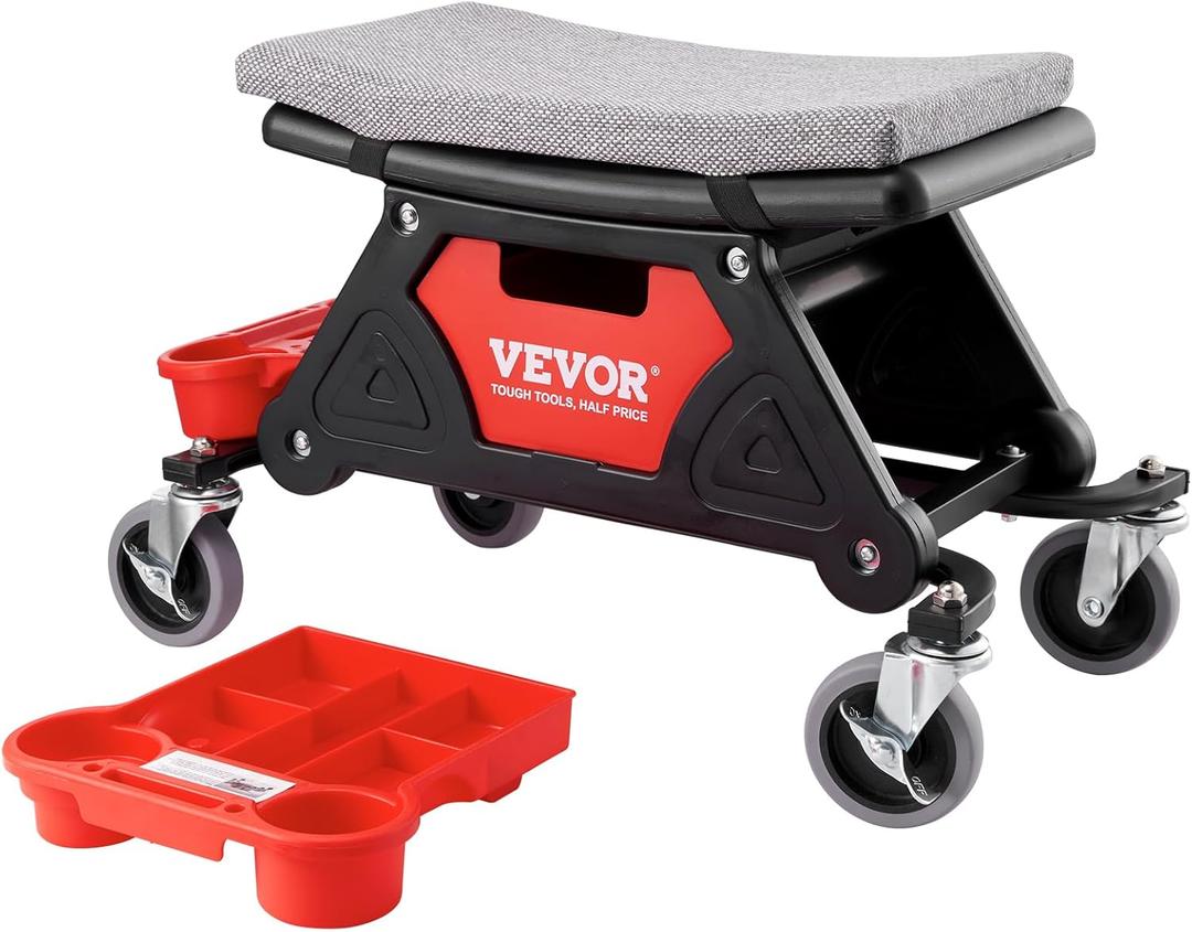 VEVOR Mechanic Stool 300 LBS Capacity Garage Stool Gift for Men, Heavy Duty Rolling Mechanics Seat, with Three Slide Out Tool Trays and Drawer, Tools for Automotive Auto Repair, 45.7 X 40.6 Cm