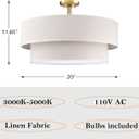 20 Inch LED 24W Adjustable 3000/4000/5000 2 Tier Drum Linen Fabric Shade Semi Flush Mount Close to Ceiling Light Fixture for Bedroom,Living Room,Dining Room Hallway(Gold)
