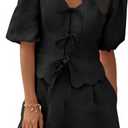 Cicy Bell Womens Summer 2 Piece Short Sets Puff Short Sleeve V Neck Bow Tie Front Tops Wide Leg Shorts Pajamas Matching Sets (Large, Black)