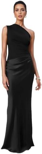 RARITYUS Women’s Elegant One Shoulder Maxi Dress Satin Ruched Bodycon Wedding Guest Dress Flowy Cocktail Evening Dresses Medium