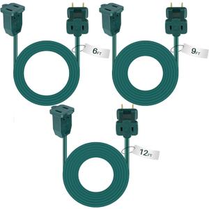 Kanayu 3 Pcs Ul Listed Extension Cord Indoor 6 ft 9 ft 12ft Heavy Duty 2 Prong Extension Cord 120 Volts Outlet Electric Extender Wire for Outdoor Christmas String Lights Connect Extend(Green)