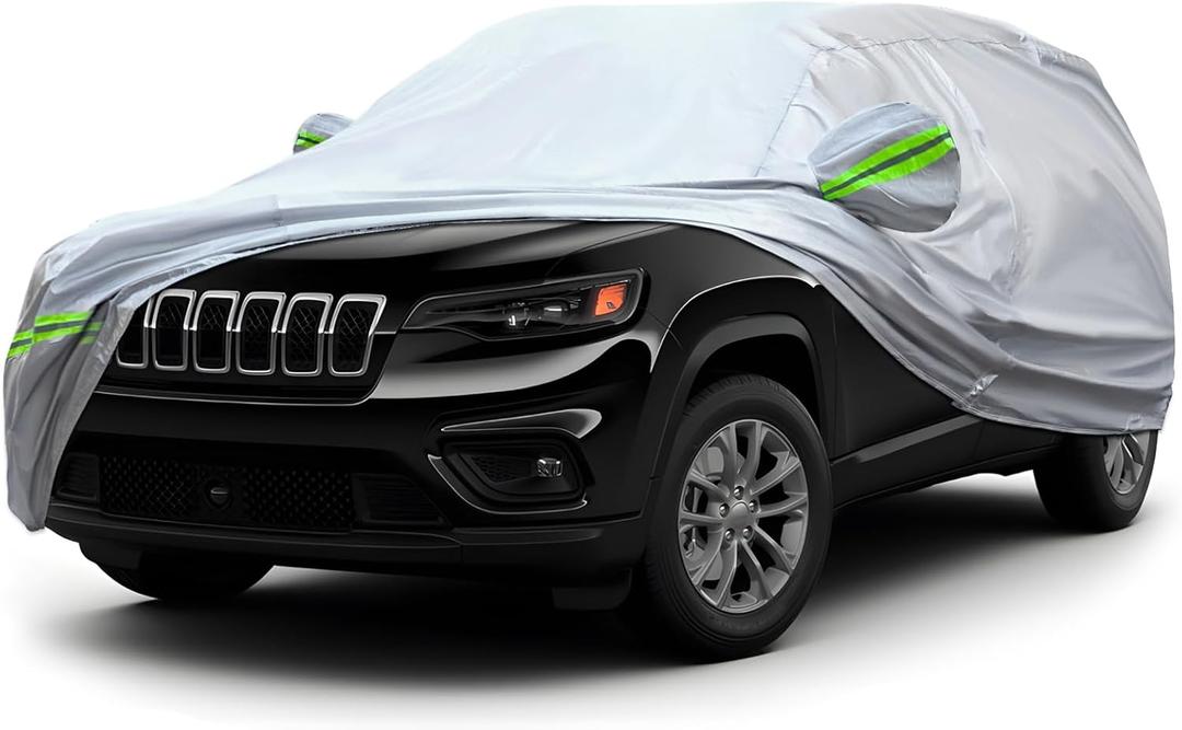 6-Layer Full Car Cover is All-Weather Waterproof, Universal in All Seasons, Snow Prevention, Rainproof, Acid Rainproof, Sunscreen, Ultraviolet-Proof, Applicable to SUV and MPV (181"-190") (Green Reflective Strip)