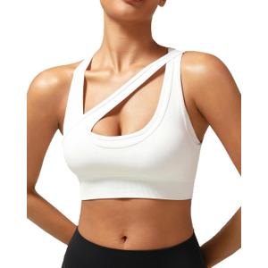 RUNNING GIRL Sports Bras for Women High Support,Seamless Ribbed Longline High Neck Sports Bra Racerback Padded Crop Top Yoga (White, L)