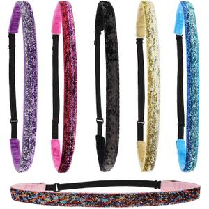 FROG SAC 6 Glitter Headbands for Girls, Adjustable Non Slip Thin Elastic Hair Bands for Kids, Stretch Heart Zig Zag Girl Hair Accessories, Sparkly Headband, Head Band Hairband (Multicolor 3, Kids) (6 Count (Pack of 1))