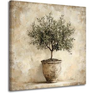 Olive Tree in Vessel Rustic Canvas Wall Art Neutral Botanical Wall Decor Pictures Antique Vintage Potted Plant Poster Prints for Farmhouse Kitchen Dining Room Home Decoration 16x16in Ready to Hang