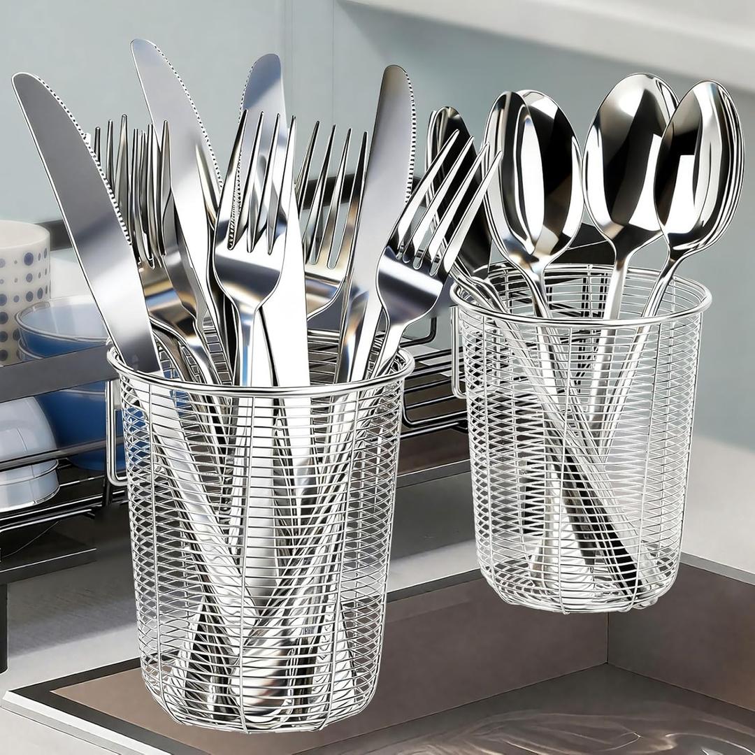 Dish Rack, Stainless Steel Kitchen Drain Basket, Compact Utensil Drying Rack Dishwasher Accessory, Hanging Cutlery and Utensil Organizer, Set of 2
