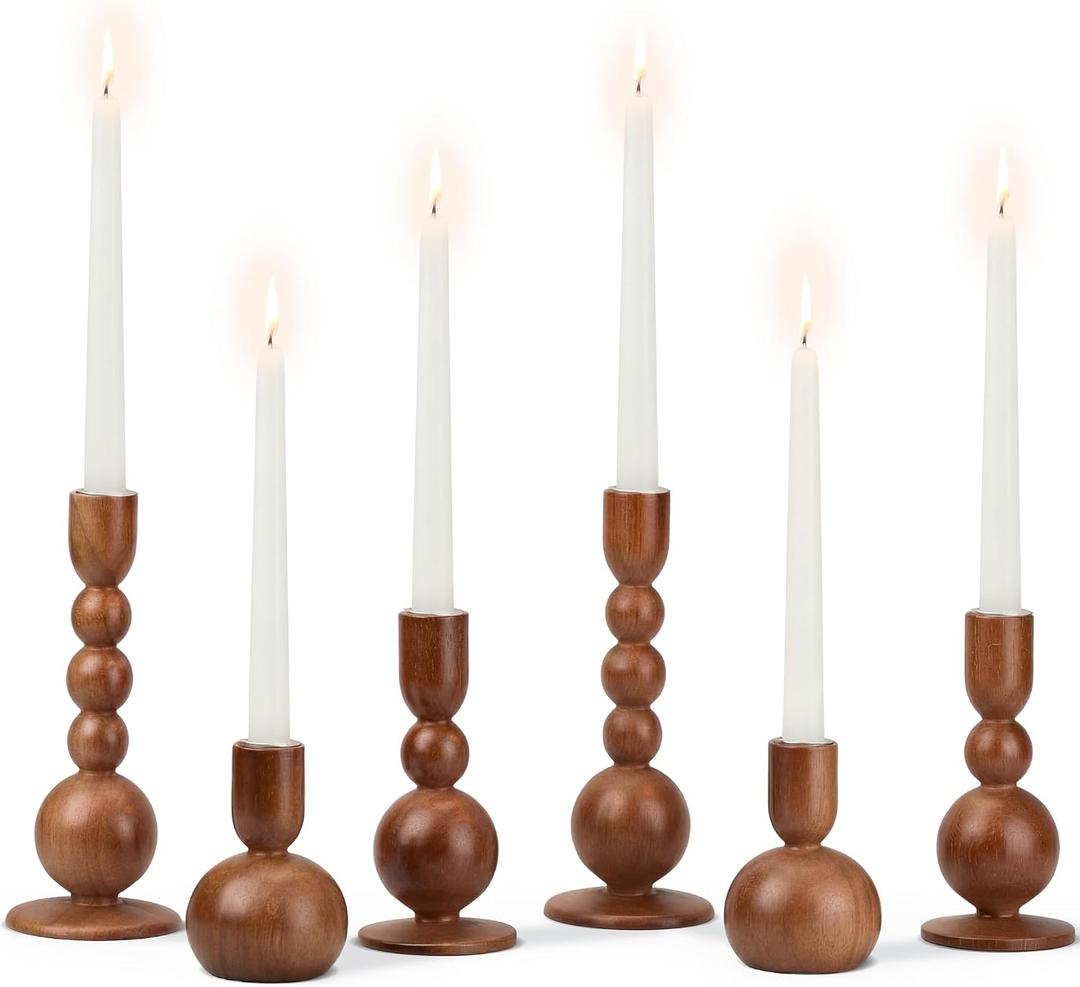 Tanlade 6 Pcs Wooden Candle Holders for Pillar Rustic Wood Candlestick Holders Farmhouse Vintage Brown Candle Stands Table Centerpiece for Living Room Dining Fireplace Mantel Wedding Party Decoration