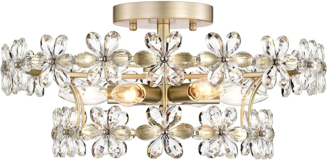 19.1" Crystal Chandelier, Modern 6 Light Flower Semi Flush Mount Ceiling Light, Dining Room Light Fixtures Over Table, Floral Ceiling Lamp for Bedroom Room, Living Room, Entryway, Foyer