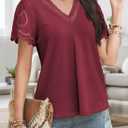 Womens Summer Tops V-Neck Short Sleeve Shirts Casual Blouses Waffle Knit Top 2025 Trendy Clothes (Red, M)
