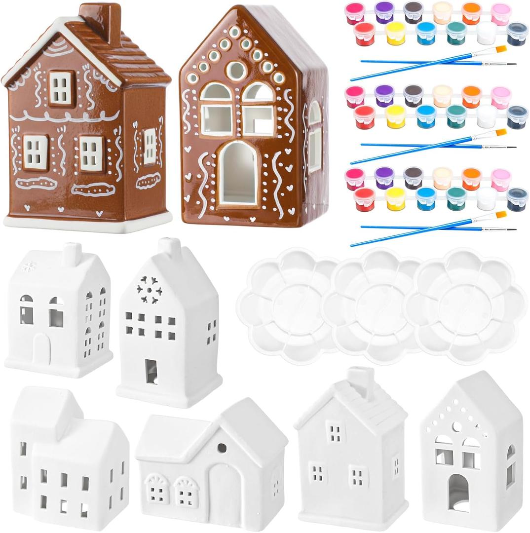 Beeveer Set of 6 Ceramic Christmas Village House Paint Craft Kit Blank Ceramic Plaster Keepsake Pigment Palette Brushes Included for Xmas Holiday Party Art DIY Project Tabletop Decoration