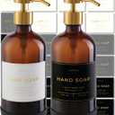 Hand and Dish Soap Dispenser for Kitchen and Bathroom, Set of 2 16 Oz Glass Bottles, Stainless Steel Pumps, Non-Slip Silicone Base, 27 Waterproof Labels (Amber Bottle/Brushed Gold Pump)