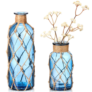 Chuangdi Set of 2 Coastal Glass Vases for Flowers Small Flower Vase with Boho Rope Wrapping Beach Decorative Bottle for Coastal Nautical Table Centerpiece Wedding Floral Arrangement Decor (Dark Blue)