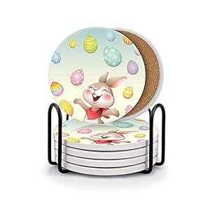 HUXJOKO Coasters for Drinks Set of 6, Smiley Bunny Happy Easter Absorbent Ceramic Coaster, Round Stone Mat, with Cork Base and Metal Holder for Coffee Table Room Bar Home Decor Housewarming Gifts