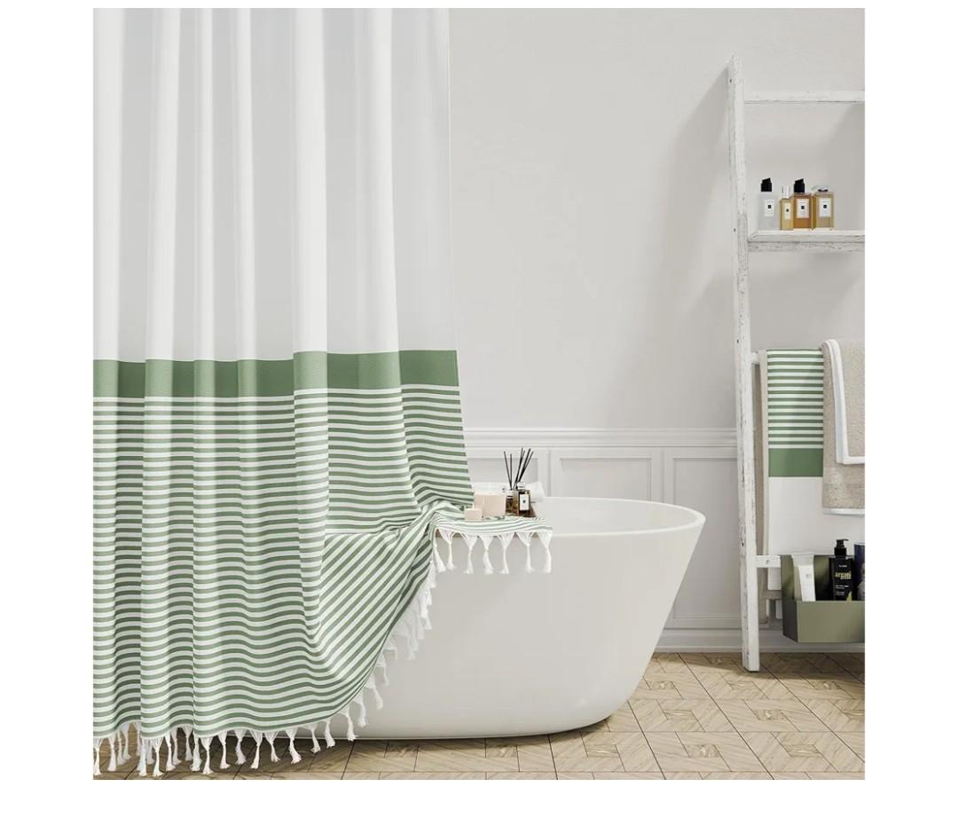 Dynamene Sage Green Fabric Shower Curtain, Farmhouse Boho Striped Tassel Shower Curtain for Bathroom, Bohemian Textured Cloth Shower Curtain Set with Hook, Water Repellent, Wrinkle Free, 72x72