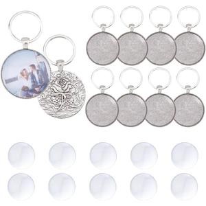 DICOSMETIC 10 Sets Cabochon Keychain Blanks Keychain Pendant Tray 35mm Platinum Alloy DIY Keyring Making Kit with Rose Sculpture for Photo Personalized Key Chain Making