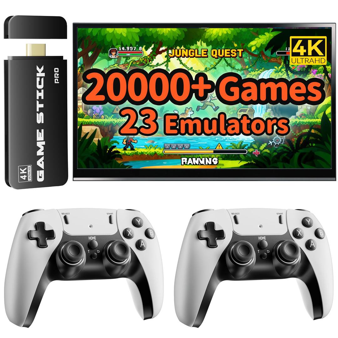 FCHOZY 2026 Upgraded Retro Gaming Console, Classic Video Games with 4K HDMI, 20,000+ Games and 23 Emulators, Nostalgia Game Stick Pro, Upgraded Dual 2.4G Wireless Controllers 64GB (White)