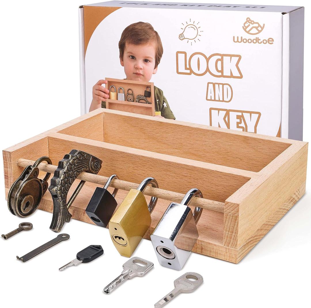 Woodtoe Montessori Lock and Key Toy Set for Kids, Educational Lock Set Keys, Wooden Learning Montessori Materials for 3 4 5 6 Toddlers, Preschool, Home Classroom STEM Educational Kids Christmas Toys