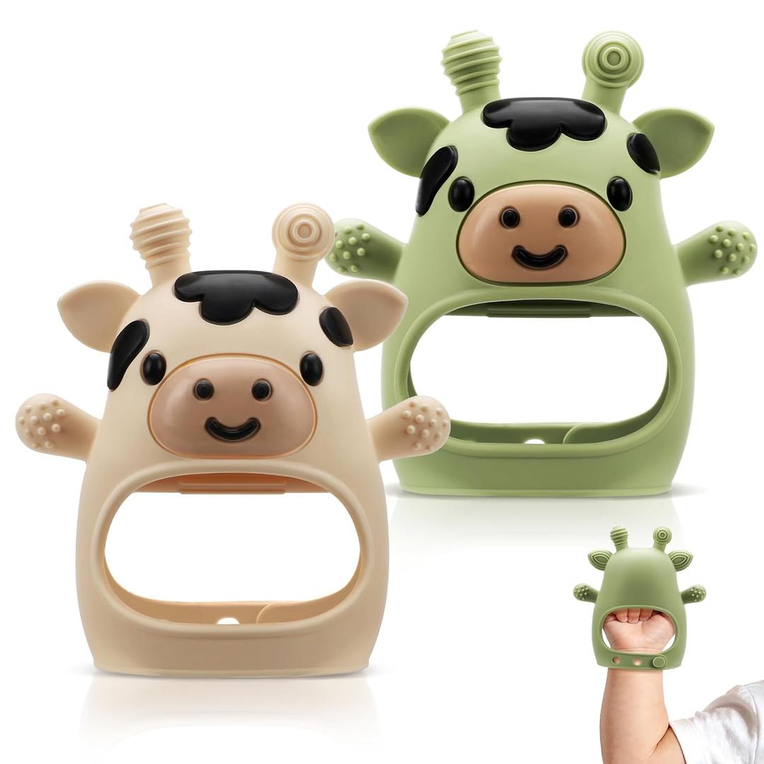 2 Packs Baby Teething Toys for 0-6 6-12 Months, Food Grade Silicone Adjustable Cow Teething Mitten, Chew Teether Toys for Teething Pain Relief, Baby and New Born Essentials, Green & Beige