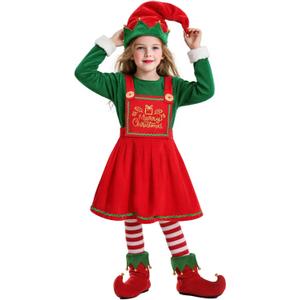 Dormstop Kids Holiday Elf Costumes Deluxe Grils Christmas Elf Dress Set Christmas Party Dress Outfit (5-6 Years, Red)