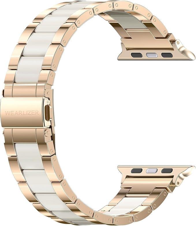 Wearlizer Compatible with Apple Watch Band 38/40/41/42mm Fashion Wristband Women, Stainless Steel + Resin Metal Replacement for iWatch Series 11 10 9 8 7 6 5 4 3 SE/Ultra 3 2 1RoseGold+Starlight