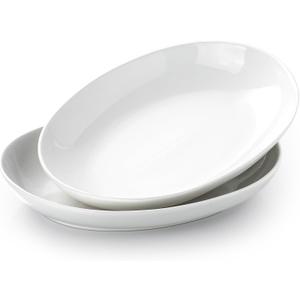 14 Inch Oval Serving Platters Set of 2, Large Deep Ceramic Serving Platter, White Porcelain Serving Trays for Entertaining, Turkey, Steak, Appetizers, Pasta, Salad