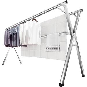 JAUREE 63 Inches Clothes Drying Rack, Drying Rack Clothing Folding Indoor Outdoor, Heavy Duty Stainless Steel Laundry Rack, Foldable Portable Large Clothes Rack Garment Rack with 20 Windproof Hooks (Silver)