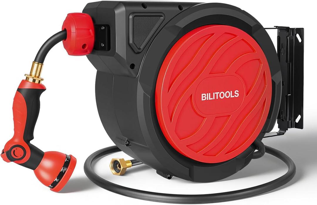 BILITOOLS Retractable Garden Hose Reel 1/2 in x 50 ft, Wall Mounted Water Hose Reel for Outside with Any Length Lock, Slow Auto Rewind Anti-Tangle System, 180 Swivel Bracket & 10-Pattern Spray Nozzle