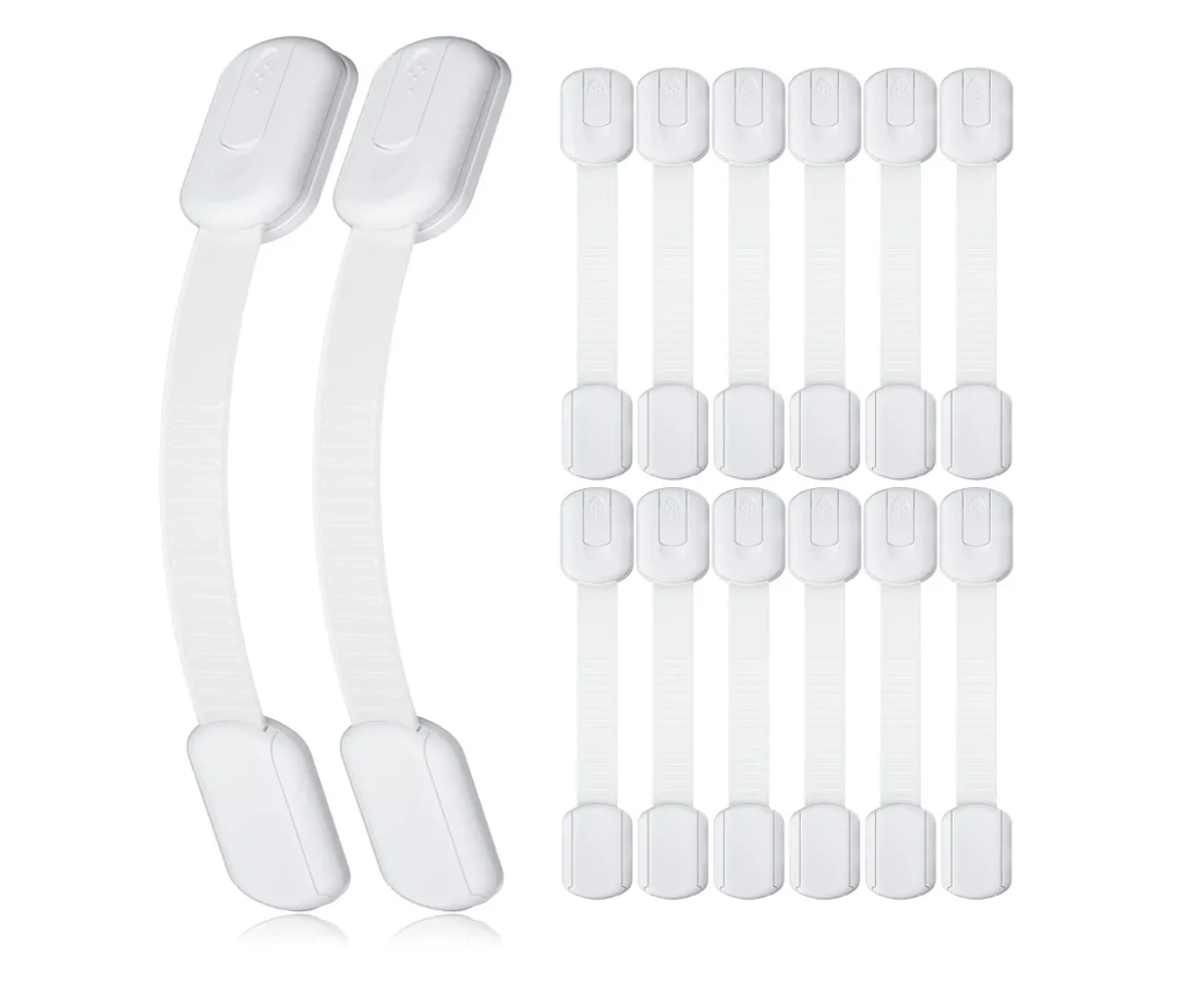4our Kiddies 14 Pack Baby Proof Cabinet Latches, Childproof Drawer Latches with 12 Extra 3M Adhesives, Adjustable No Drilling Child Safety Cabinet Locks Straps Baby Drawer Locks for Kids Baby Safety