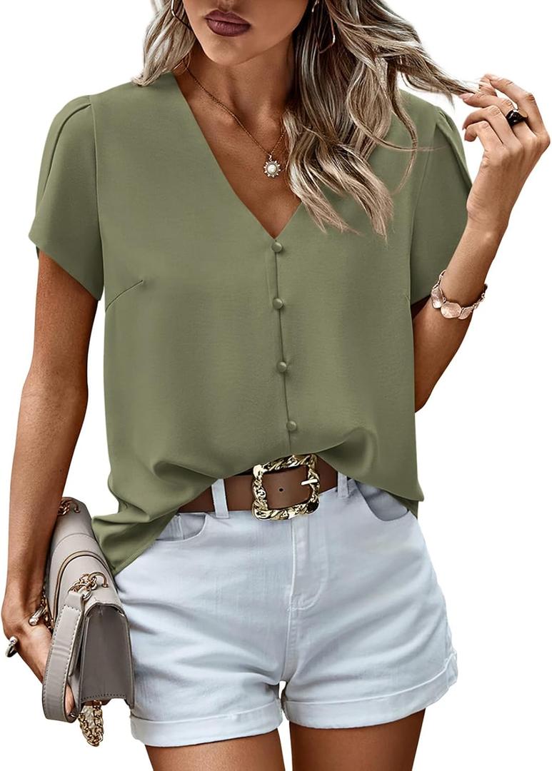 PRETTYGARDEN Short Sleeve Tops for Women 2026 Summer V Neck Western Chiffon Button Down Shirts Dressy Casual Work Blouses, Small