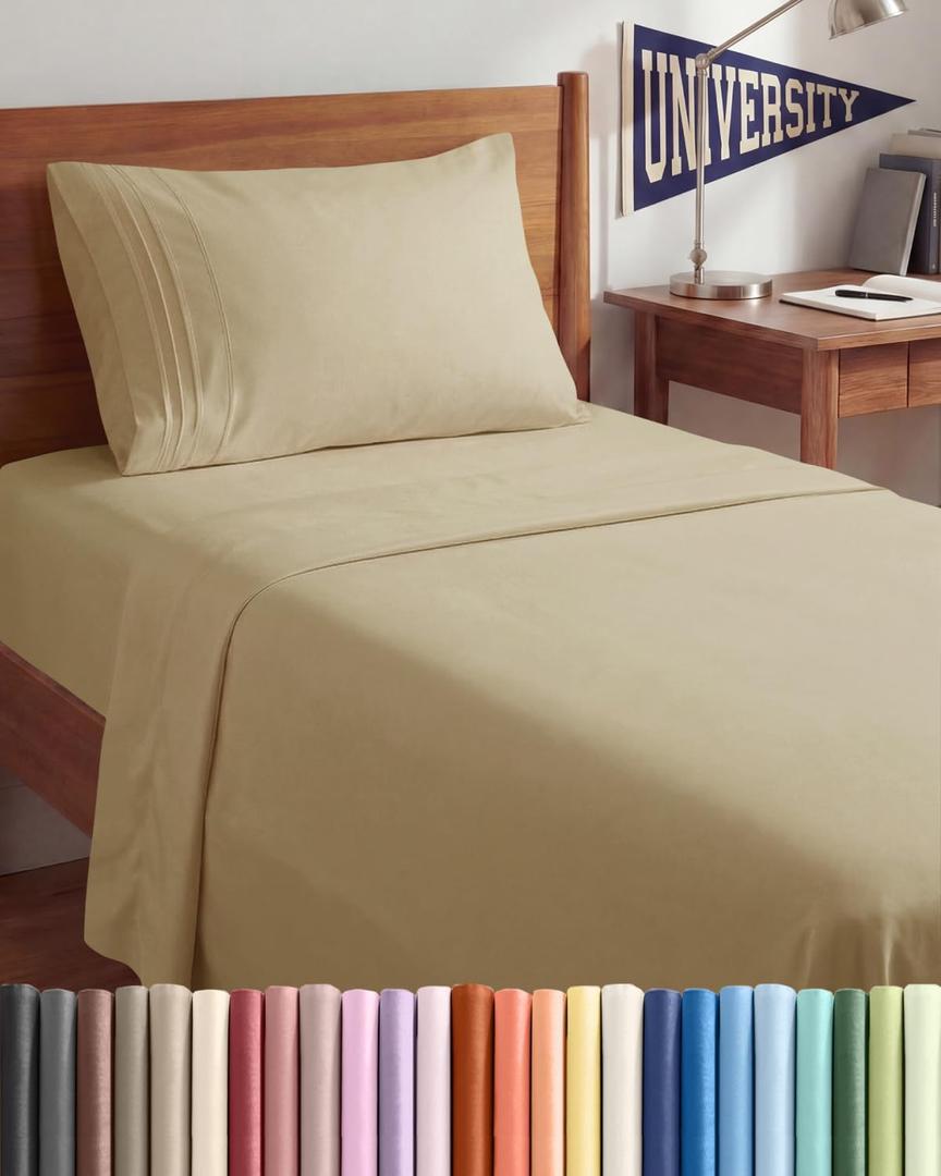 Twin XL Size 3 Piece Sheet Set - Comfy Breathable & Cooling Sheets - Hotel Luxury Bed Sheets for Women & Men - Deep Pockets, Easy-Fit, Extra Soft & Wrinkle Free Sheets - Beige Oeko-Tex Bed Sheet Set