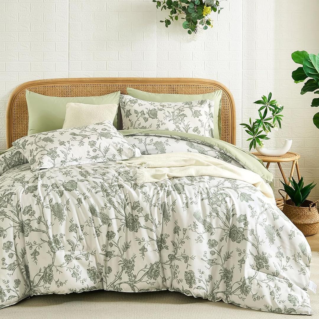 Luxudecor Floral King Comforter Set 7 Pieces Bed in a Bag, Sage Green Flower with Bird Bedding Set, Soft Reversible Comforter with Sheet Set 104"x90"