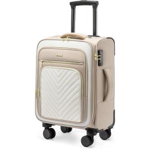 LOVEVOOK Carry On Luggage 22x14x9 Airline Approved,20 Inch Carry On Suitcases with Wheels,Softside Rolling Suitcase with TSA Lock for Women Men,Lightweight Travel luggage (Rice White/Khaki-a)