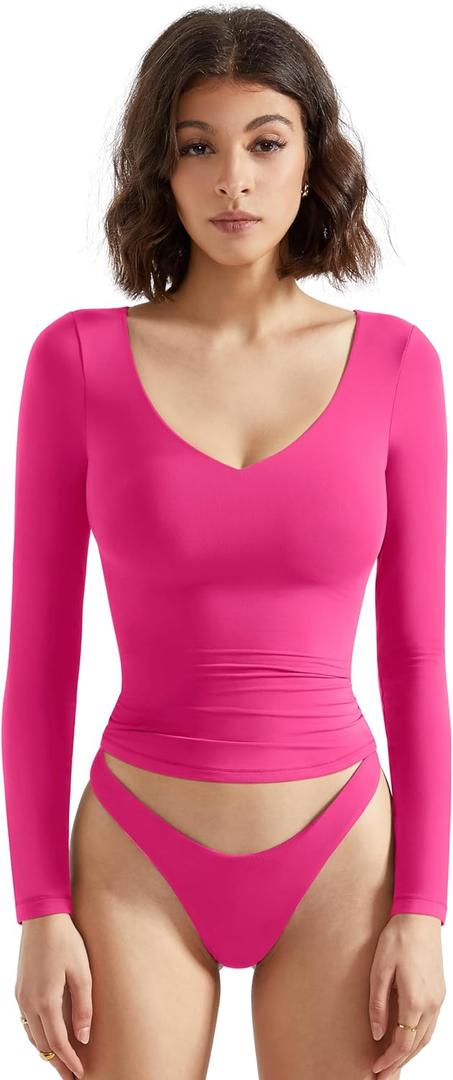 SUUKSESS Women Double Lined Casual V Neck Crop Tank Tops Basic Long Sleeve Shirts (Medium, 19 Hot Pink)