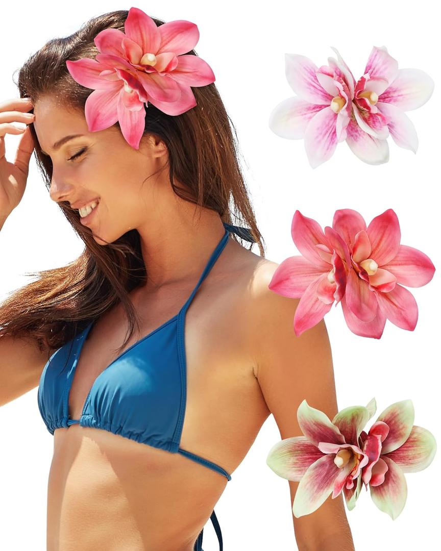 3 PCS Hawaiian Flower Hair Clips for Women Artificial Orchid Hair Barrettes Hibiscus Flower Hair Clips for Wedding Bridal Beach Party(Pink+Rose+Green)