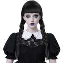ANOGOL Black Braid Wig With Bangs for Women, Synthetic Wigs with 2 Pigtails, Long Black Straight Wig for Women, Heat Resistant, Tangle Free, Size 21.75 inches