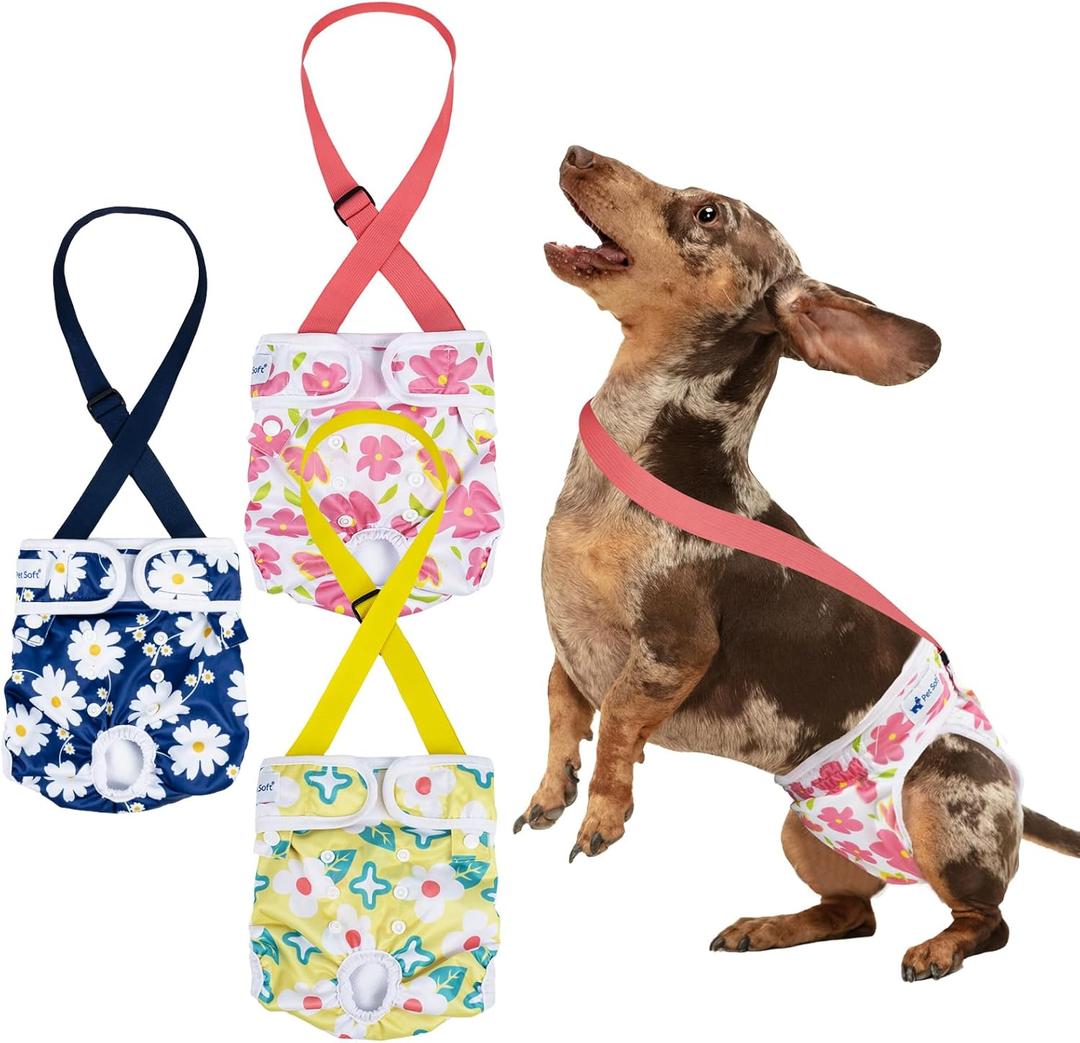 Pet Soft Dog Diapers Female with Suspenders, 3 Pack Reusable Female Dog Diapers for Heat, Dog Period Panties for Doggie in Cycle(Small, Flowers) (Small:10''-14'')
