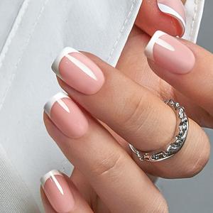 Curvlife Short Square French Press on Nails Soft Gel Fake Nails with Design Full Cover False Nails for Women Reusable Nail Kit