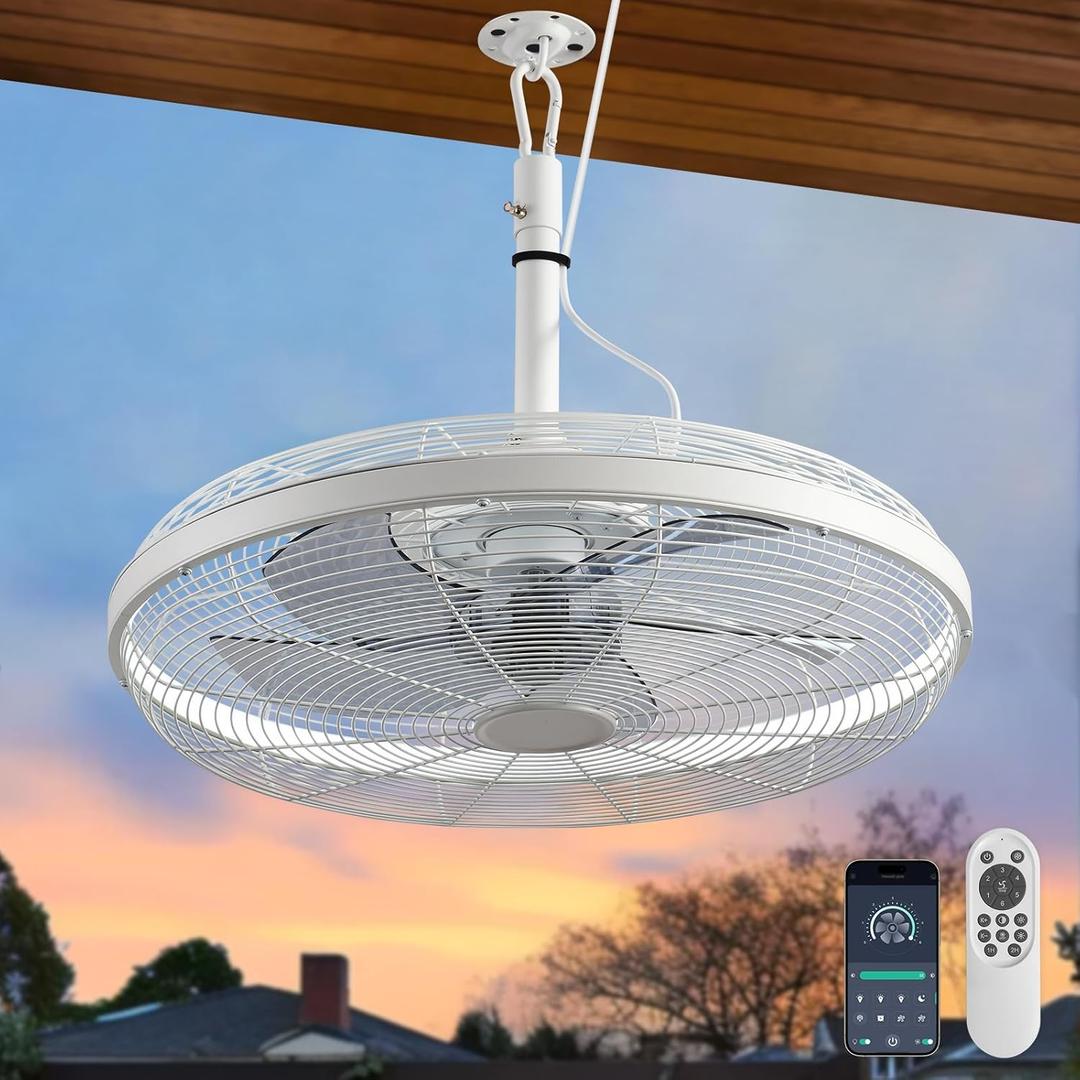 AHAWILL Outdoor Ceiling Fans with Lights, 20'' Gazebo Fan, Plug in Ceiling Fan for Patios, Pergola, Ceiling Fan with Remote Control, Hanging with Hook,White, 20.5*20.5*8.5inch