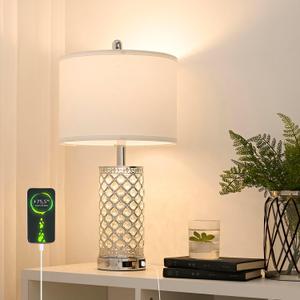 SAIWEYA Modern Crystal Table Lamp - 24in Silver Bedroom Lamps 3-Way Dimmable Touch Lamp with Night Light, 2 USB Ports + AC Outlet, Bedside Night Stand Lamp for Living Room Office (Silver- 1 Pack 24In)