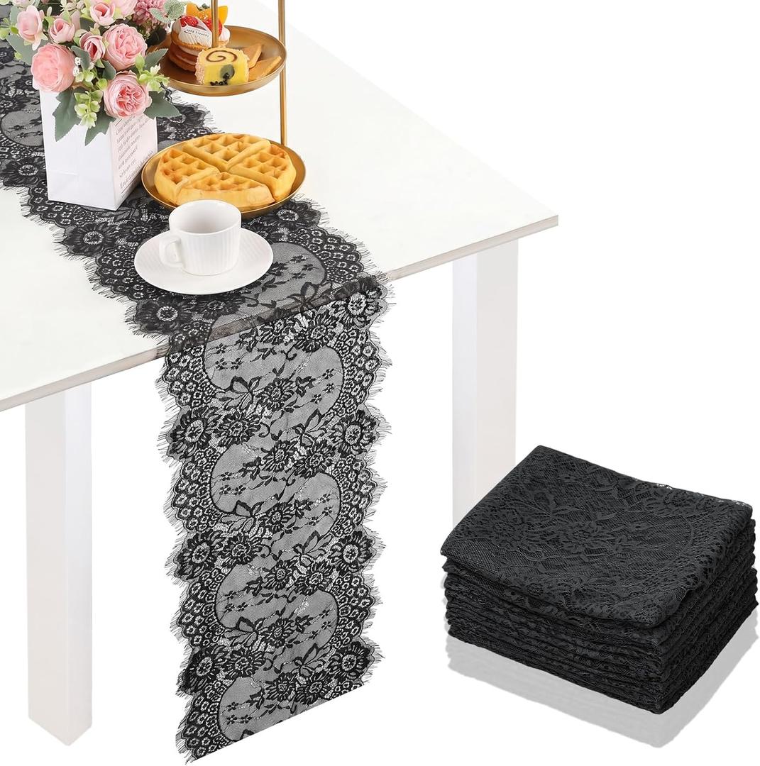 Newwiee 10 Pcs Black Lace Table Runner 14 x 120 Inch Embroidered Floral Cloths Romantic Table Runner for Wedding Bridal Shower Birthday Party Decorations