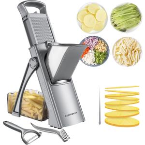 SupMaKin Upgrade Safe Mandoline Slicer for Kitchen, Adjustable Potato Slicer Vegetable Onion Chopper, French Fry Cutter, Includes Vegetable Peeler(Gray)